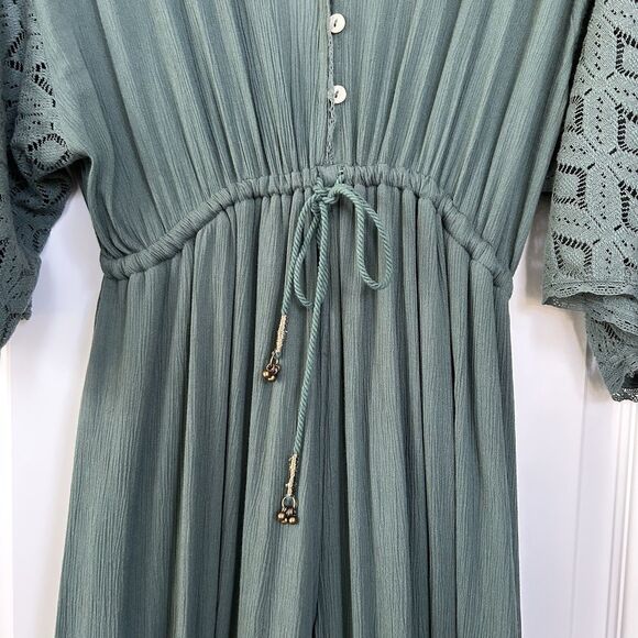 Free People Angela Jumpsuit Sz Small Wide Leg Green Boho Lace Ruffle Festival - Picture 6 of 16